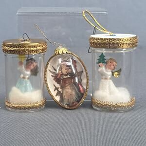 VTG Handmade Baby Angel Pill Bottle Ornament Set 3 Plastic Diorama Gold Trim 50s